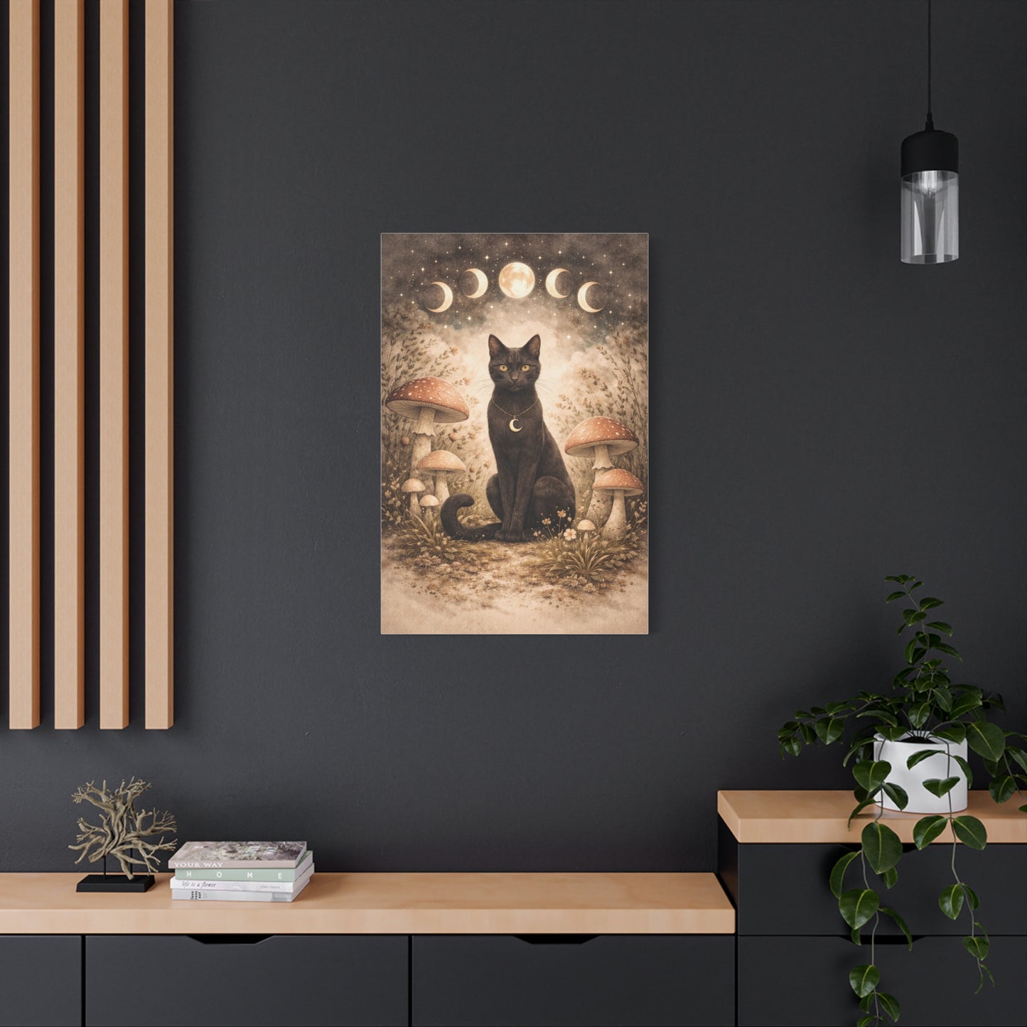 Mystical Boho Black Cat and Mushroom Night Scene Wall Art & Canvas Print