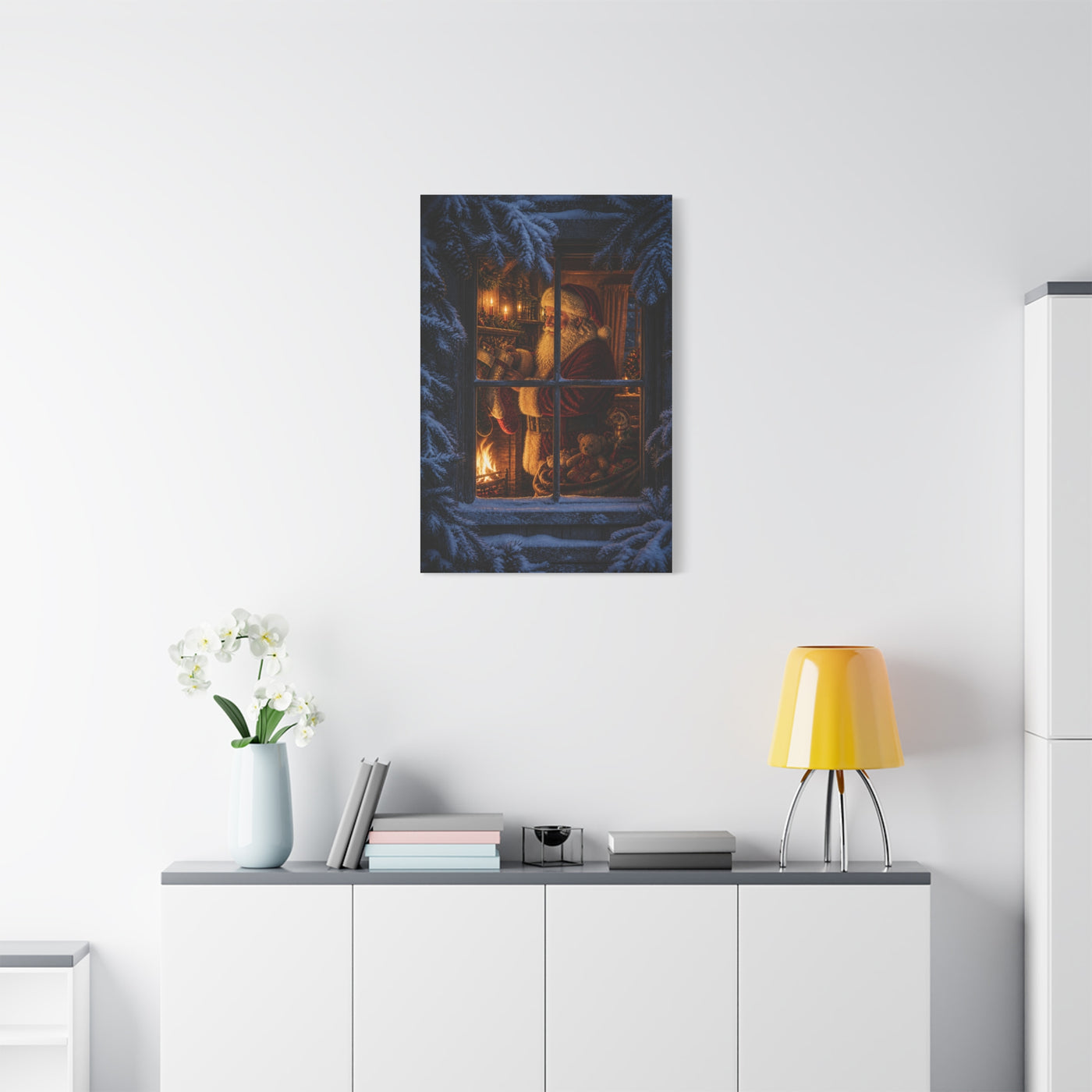 Snowy Cottage Window Santa Scene Wall Art & Canvas Print