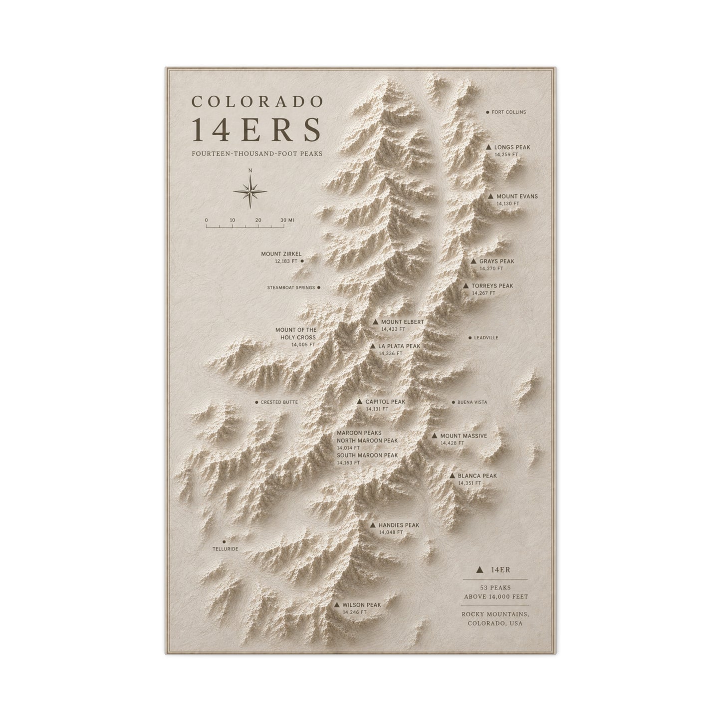 Colorado 14ers Relief Map Wall Art & Canvas Print