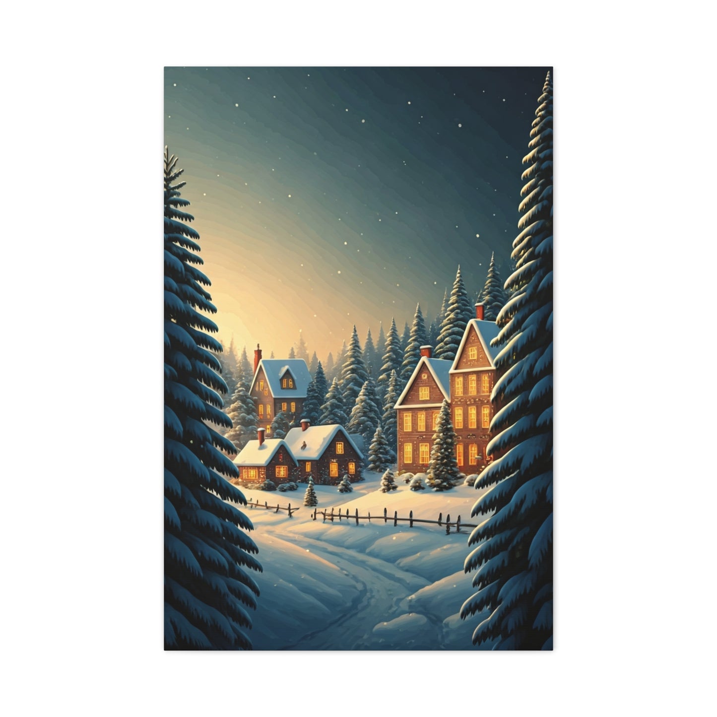 Snowy Christmas Village Under Winter Stars Wall Art & Canvas Print