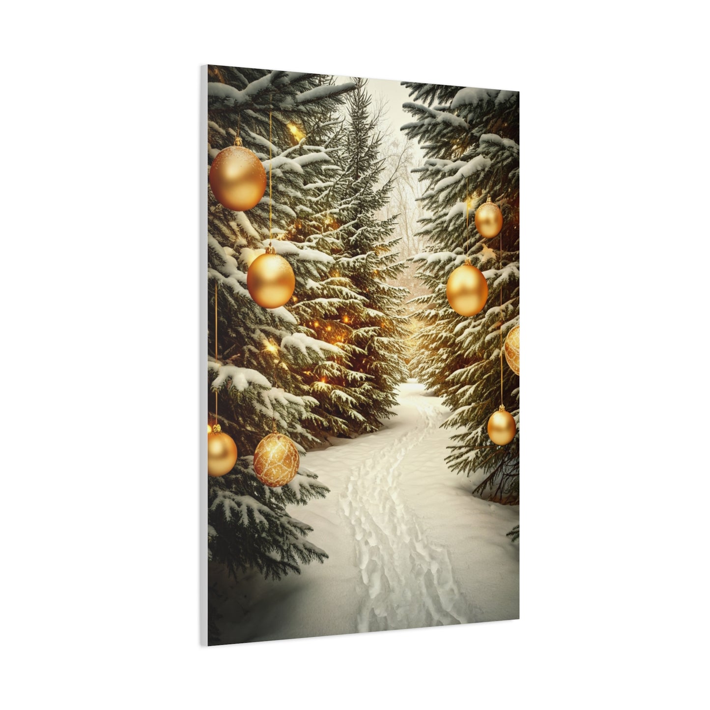 Snowy Pine Path With Golden Christmas Ornaments Wall Art & Canvas Print