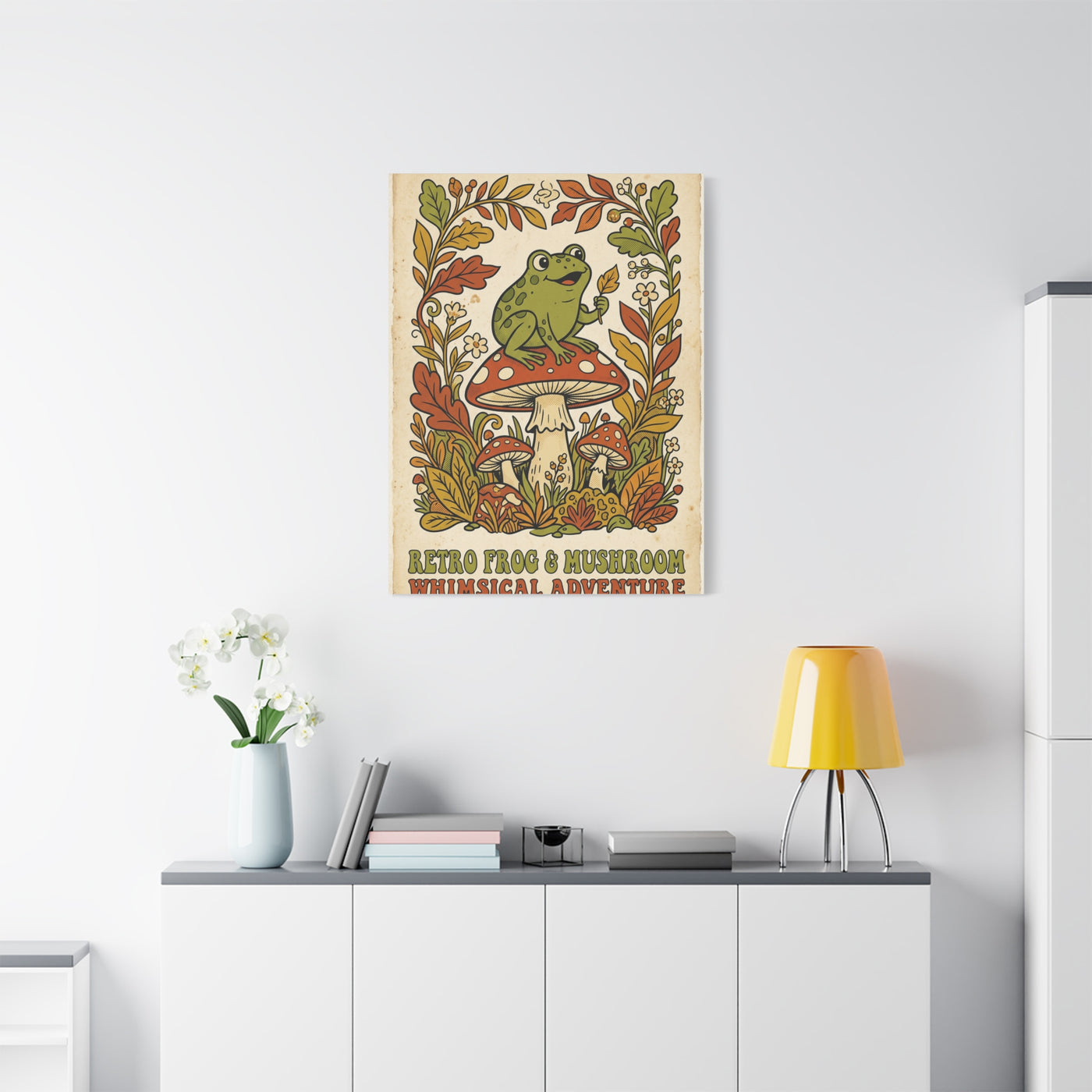 Whimsical Retro Frog and Mushroom Poster Wall Art & Canvas Print