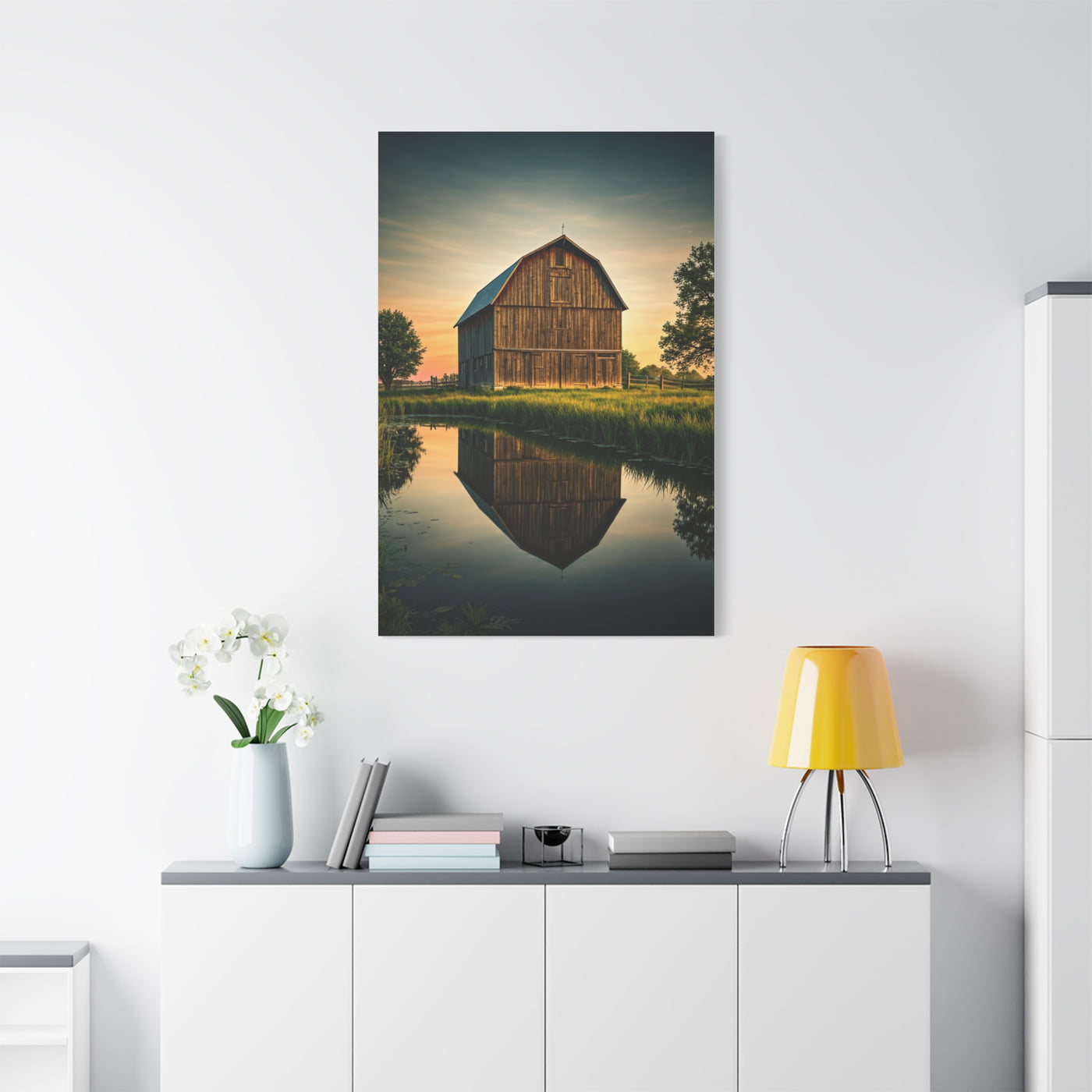 Reflected Barn in Tranquil Waters Wall Art & Canvas Prints