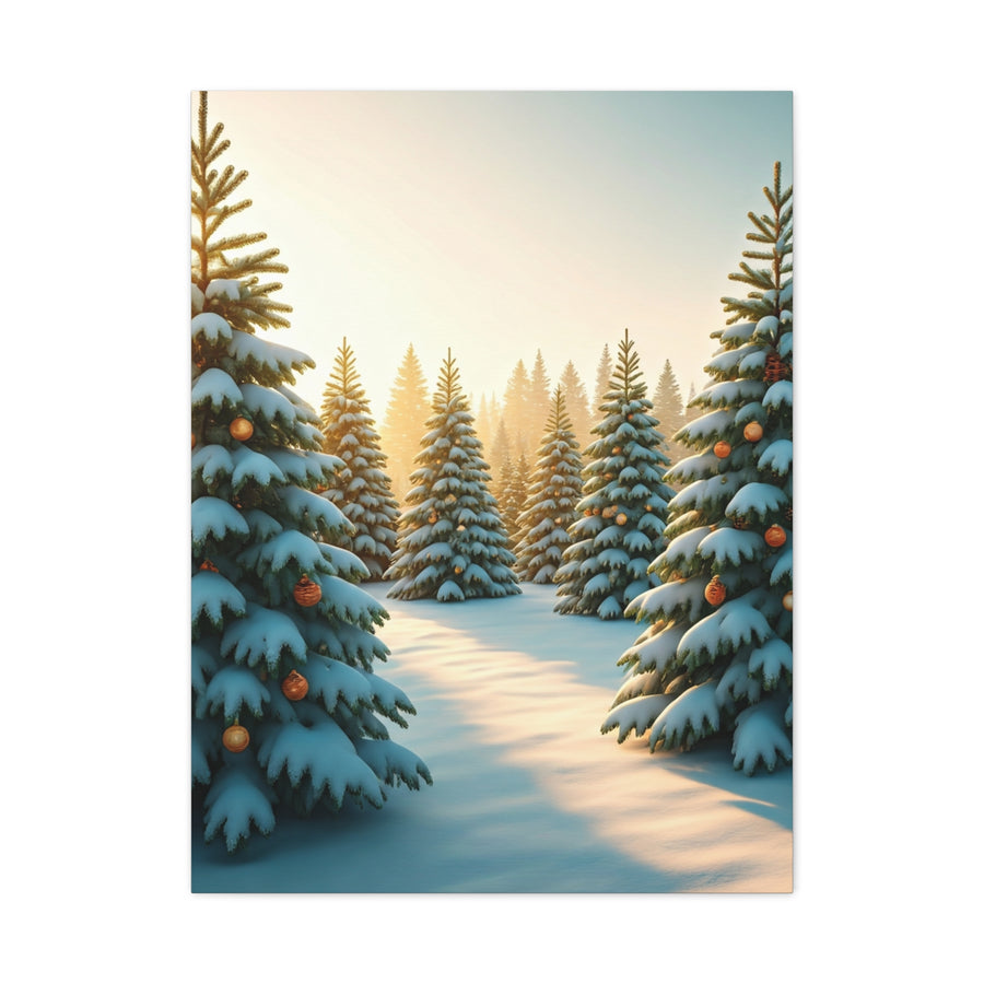 Snow Covered Christmas Tree Forest Under Winter Light Wall Art & Canvas Print