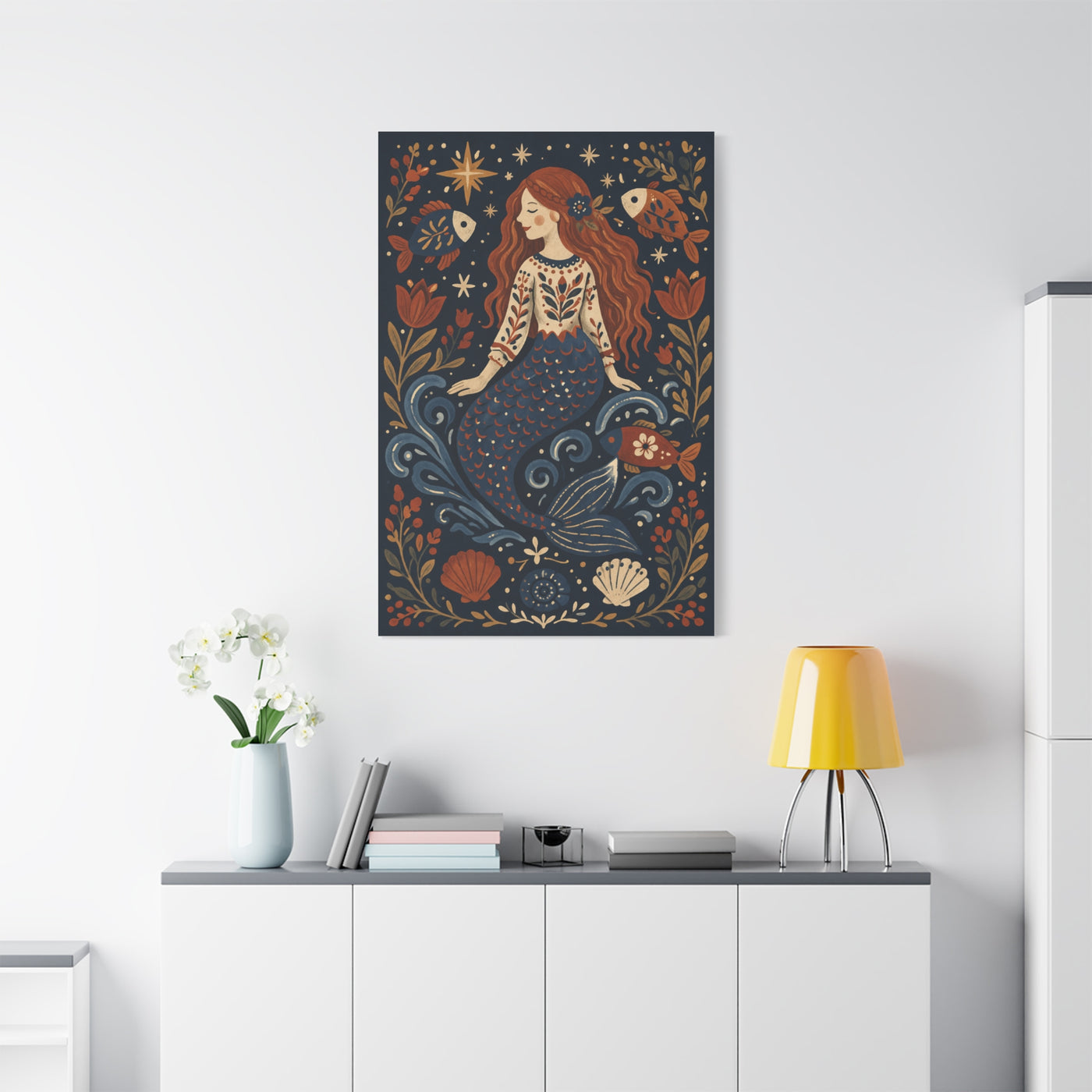 Scandinavian Folk Mermaid Charm Wall Art & Canvas Print