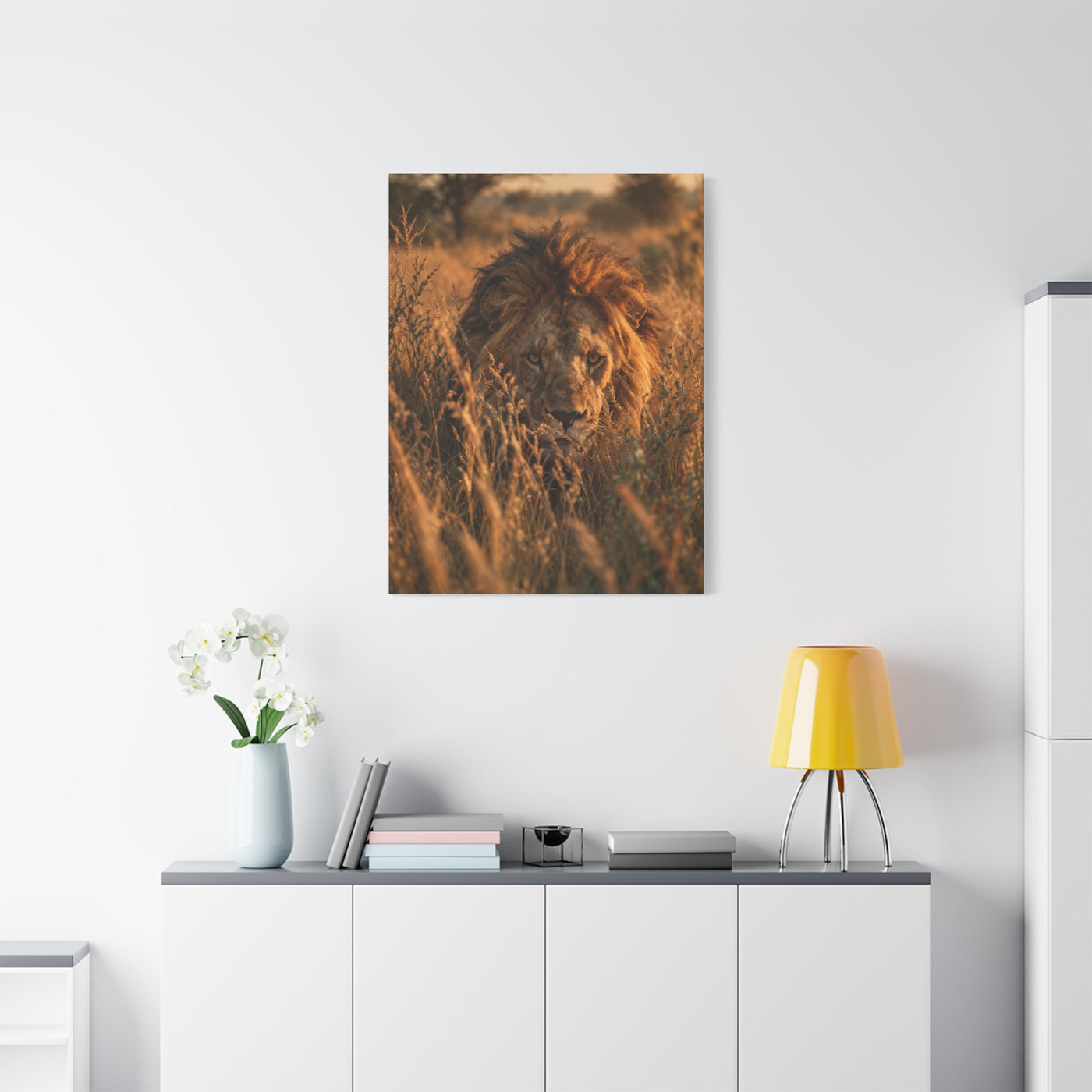 Lion Stalking Through Savannah Grass Wall Art & Canvas Print