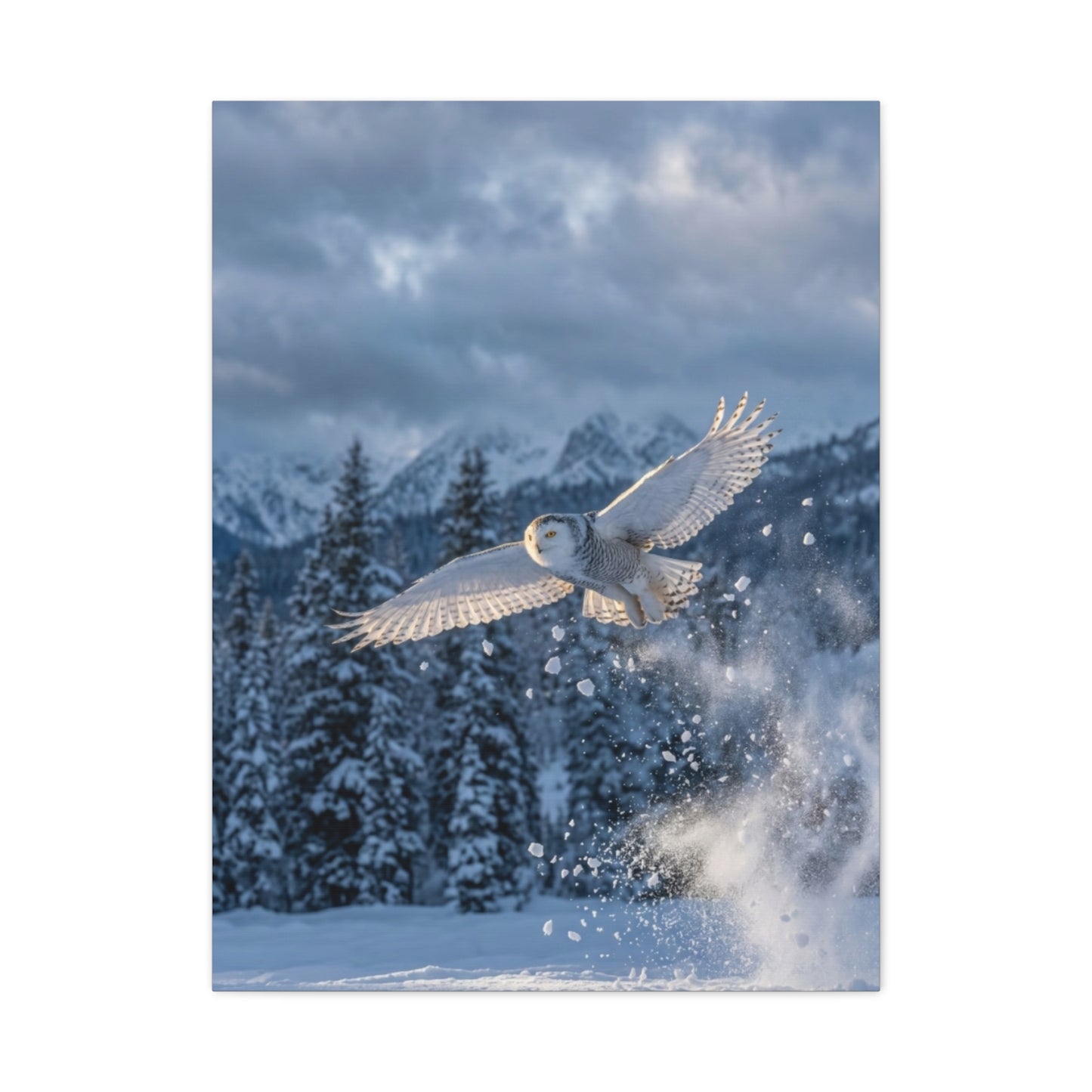 Snowy Owl Mountain Flight Wall Art & Canvas Print