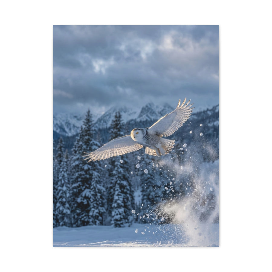 Snowy Owl Mountain Flight Wall Art & Canvas Print