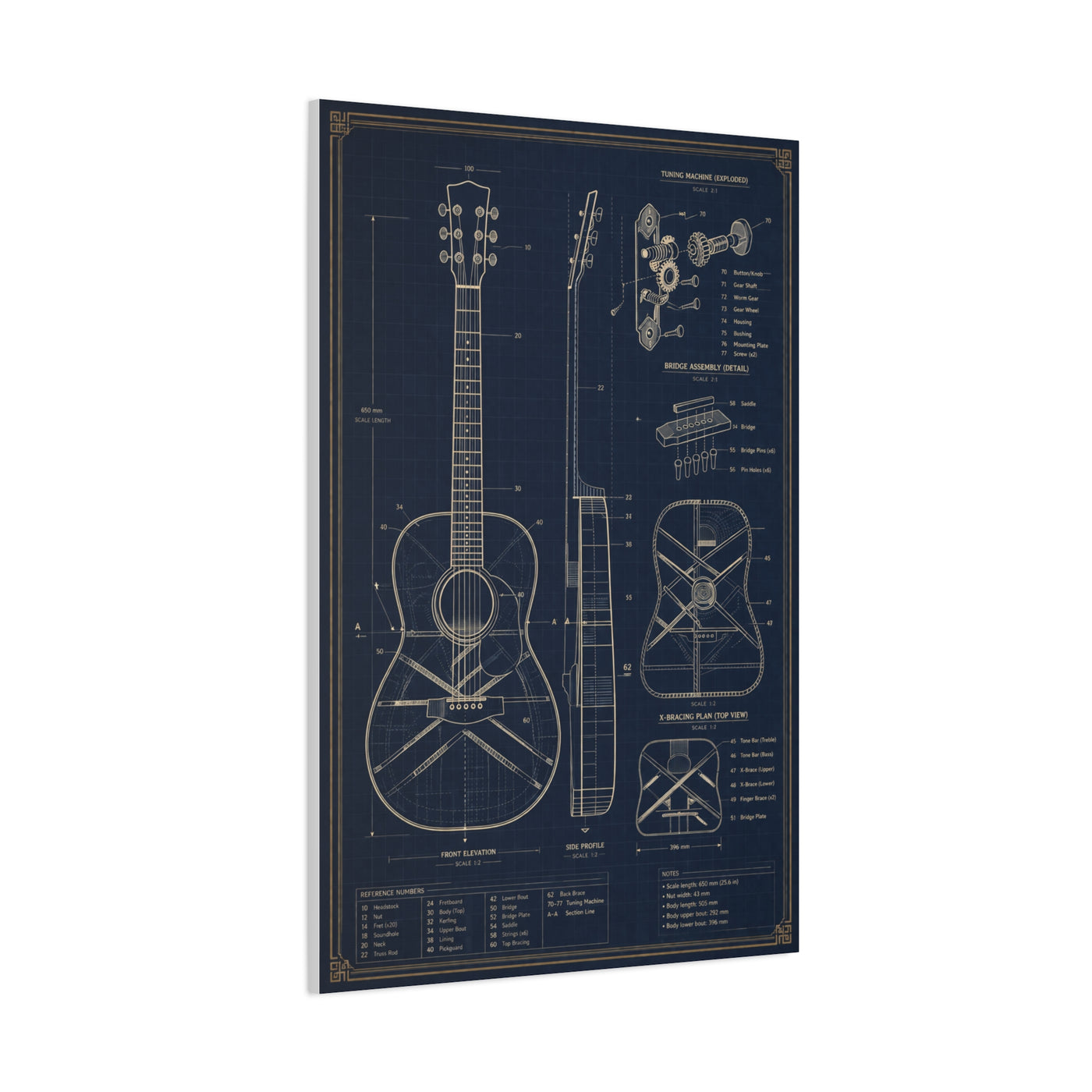 Acoustic Guitar Technical Blueprint Wall Art & Canvas Print