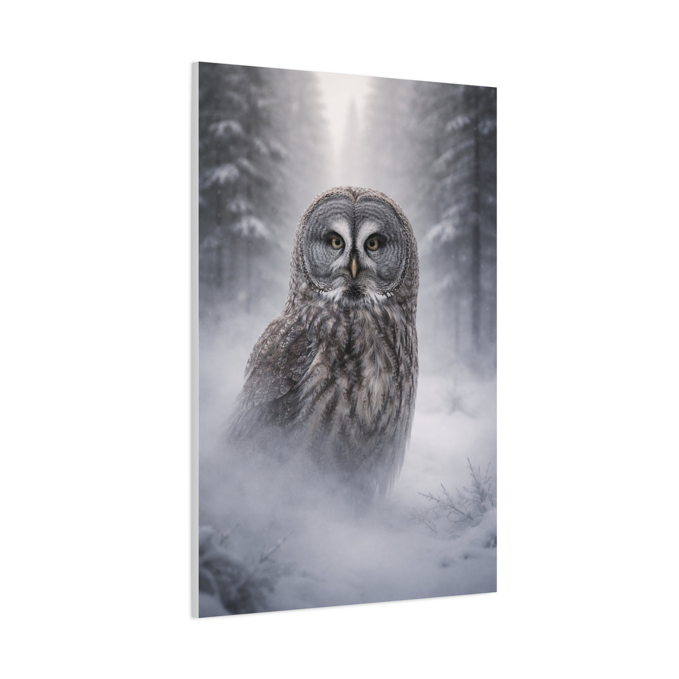 Great Grey Owl Winter Mist Portrait Wall Art & Canvas Print