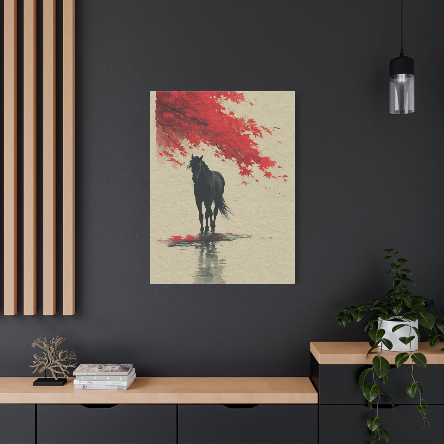 Minimal Horse Silhouette Under Red Maple Wall Art & Canvas Print