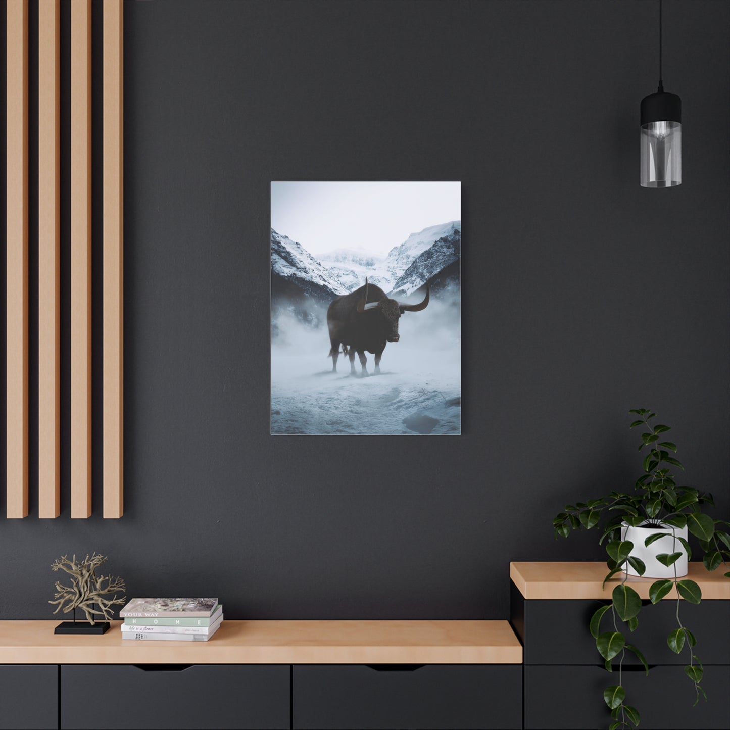 Lone Bull in Snowy Mountain Valley Wall Art & Canvas Print