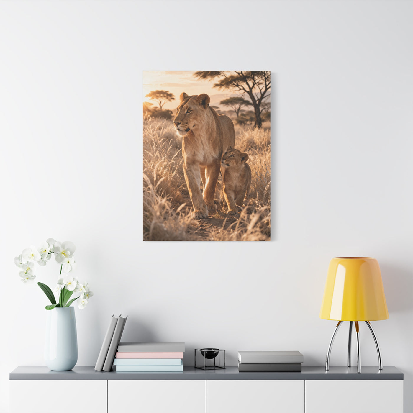 Lioness and Cub Golden Walk Wall Art & Canvas Print