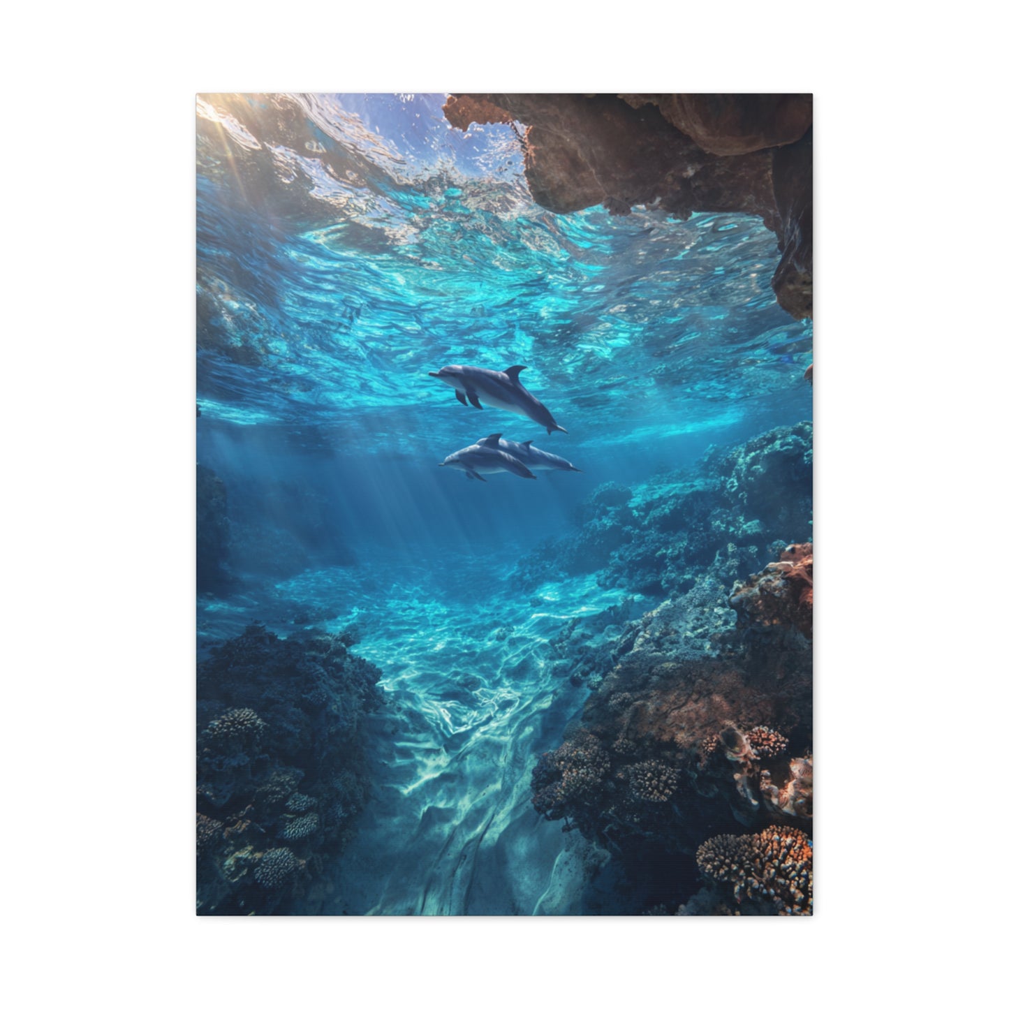 Dolphins Swimming Beneath Sunlit Ocean Waters Wall Art & Canvas Print