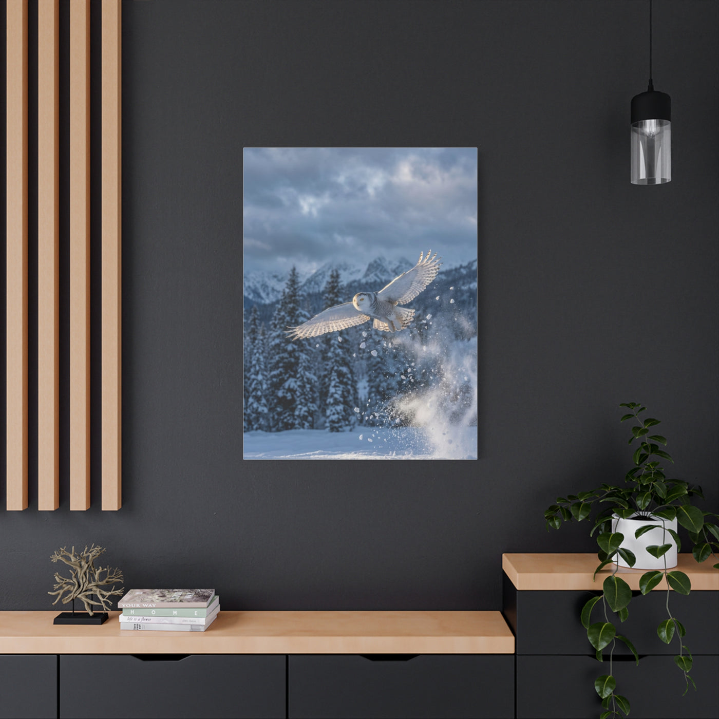 Snowy Owl Mountain Flight Wall Art & Canvas Print