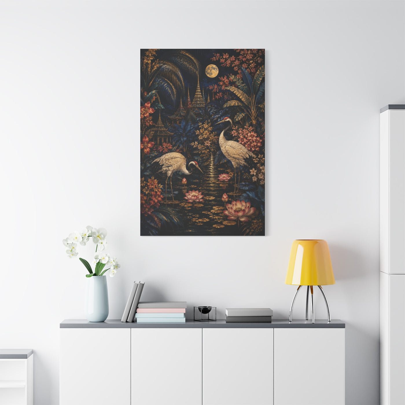 Moonlit Tropical Chinoiserie Crane Garden Tropical Wall Art & Canvas Print