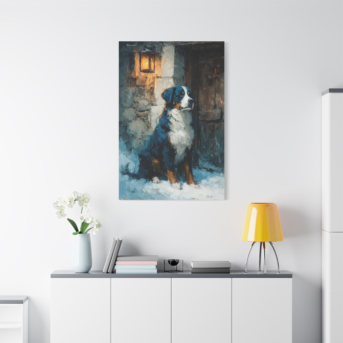 Bernese Mountain Dog Winter Chalet Wall Art & Canvas Print