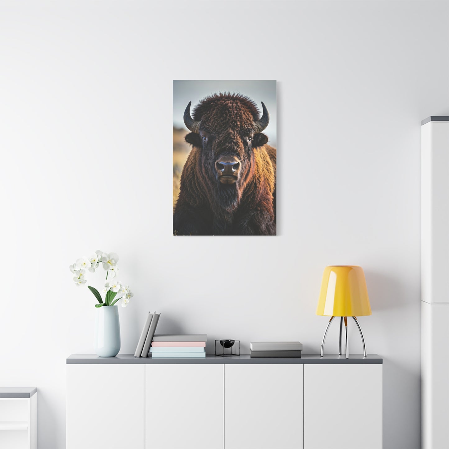 Symmetrical American Bison Portrait with Overcast Lighting Wall Art & Canvas Print