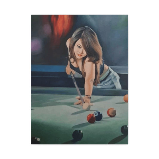 Cute Girl Playing Billiard Wall Art & Canvas Prints