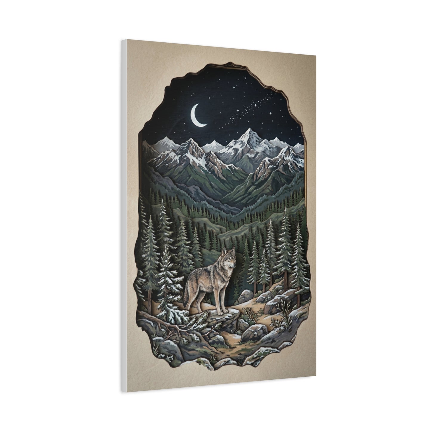 Night Forest Wolf Framed Relief Landscape Wall Art & Canvas Print