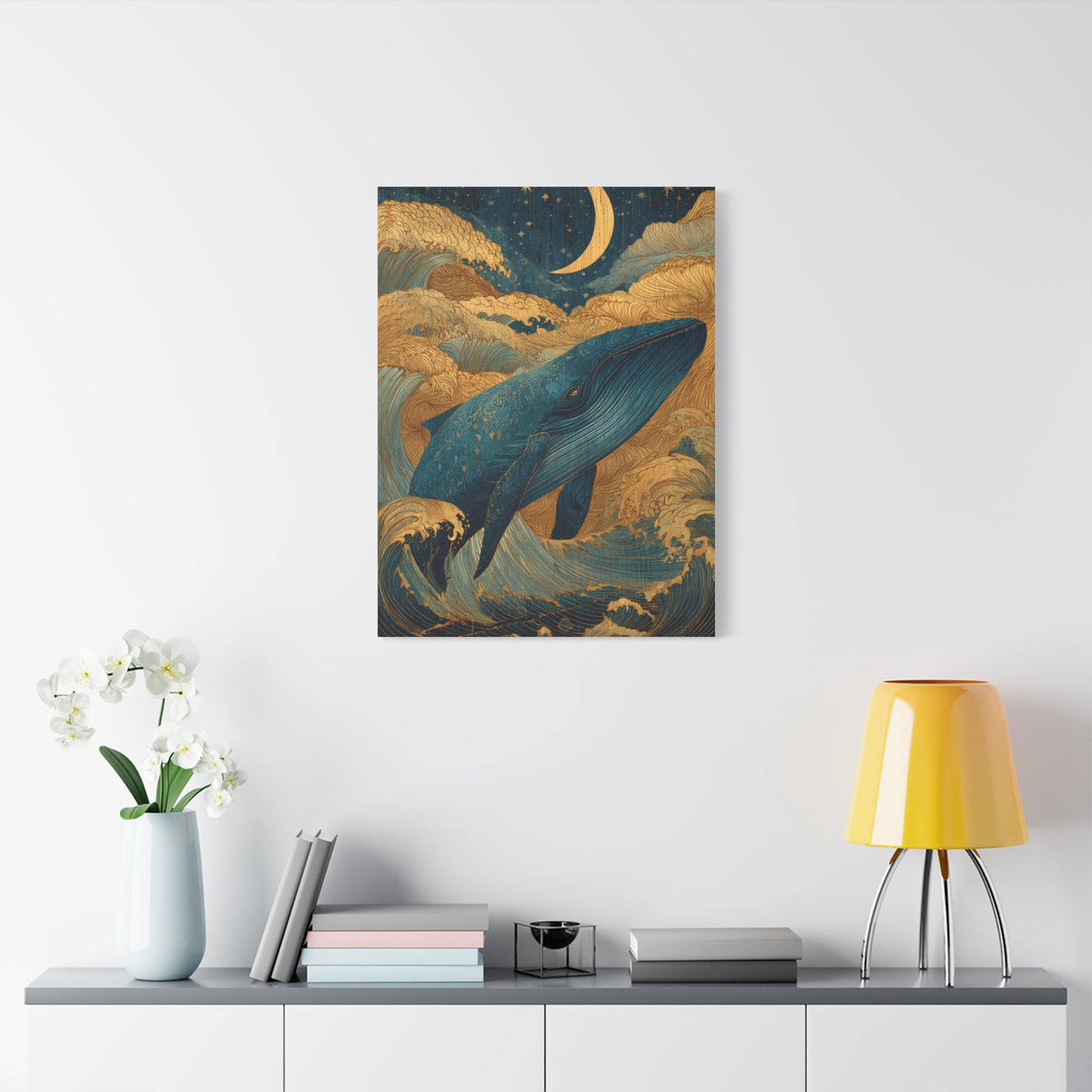 Folk Whale Moonlit Ocean Wall Art & Canvas Print