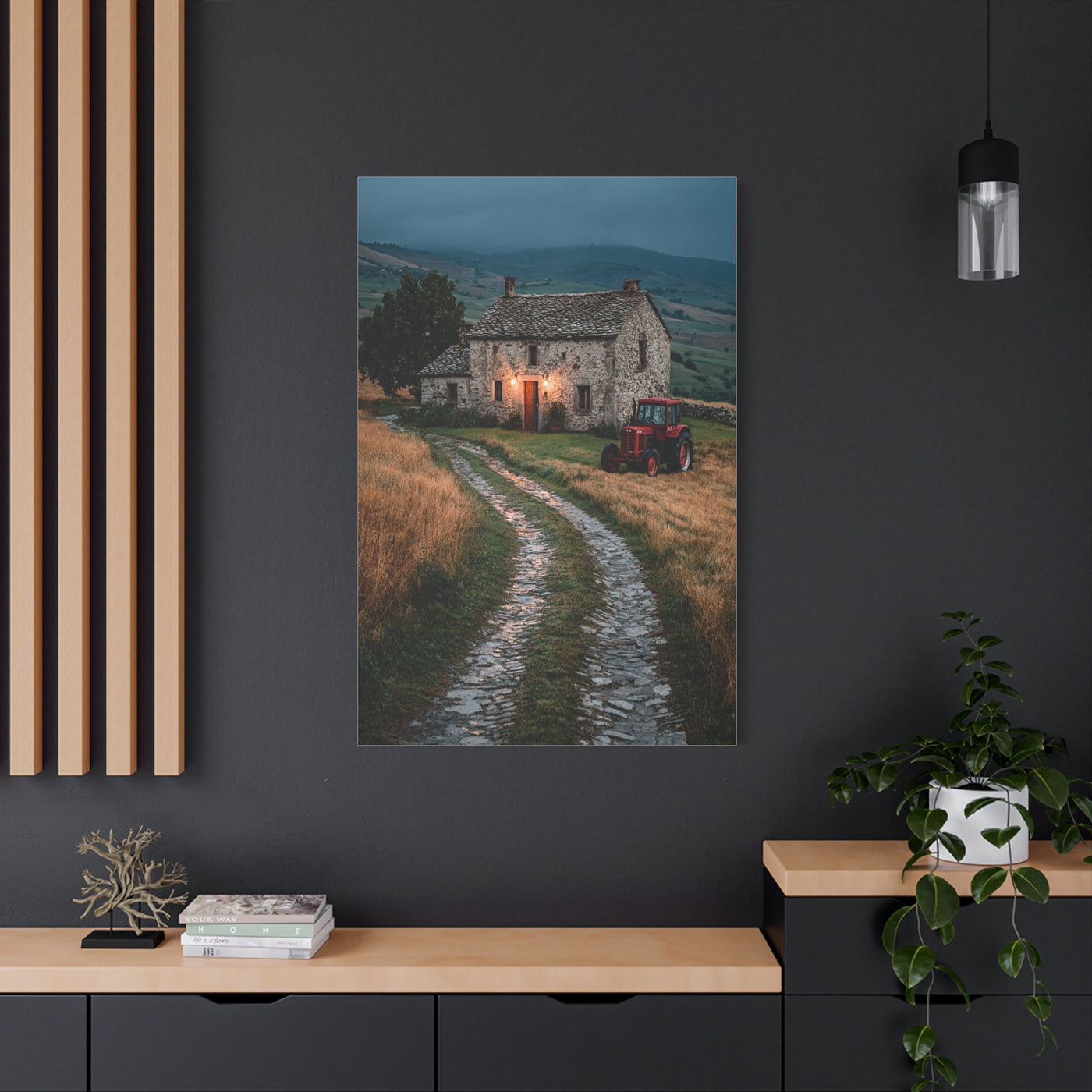 Stone Farmhouse with Red Tractor Landscape Wall Art & Canvas Print