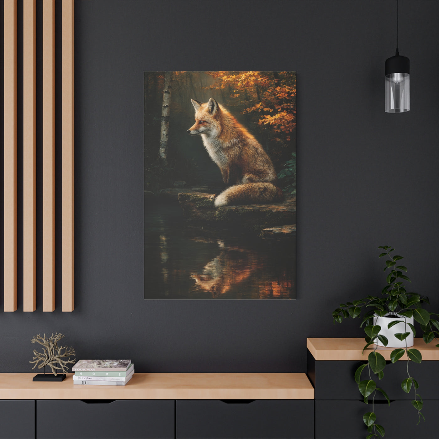 Woodland Stream Fox Reflection Wall Art & Canvas Print