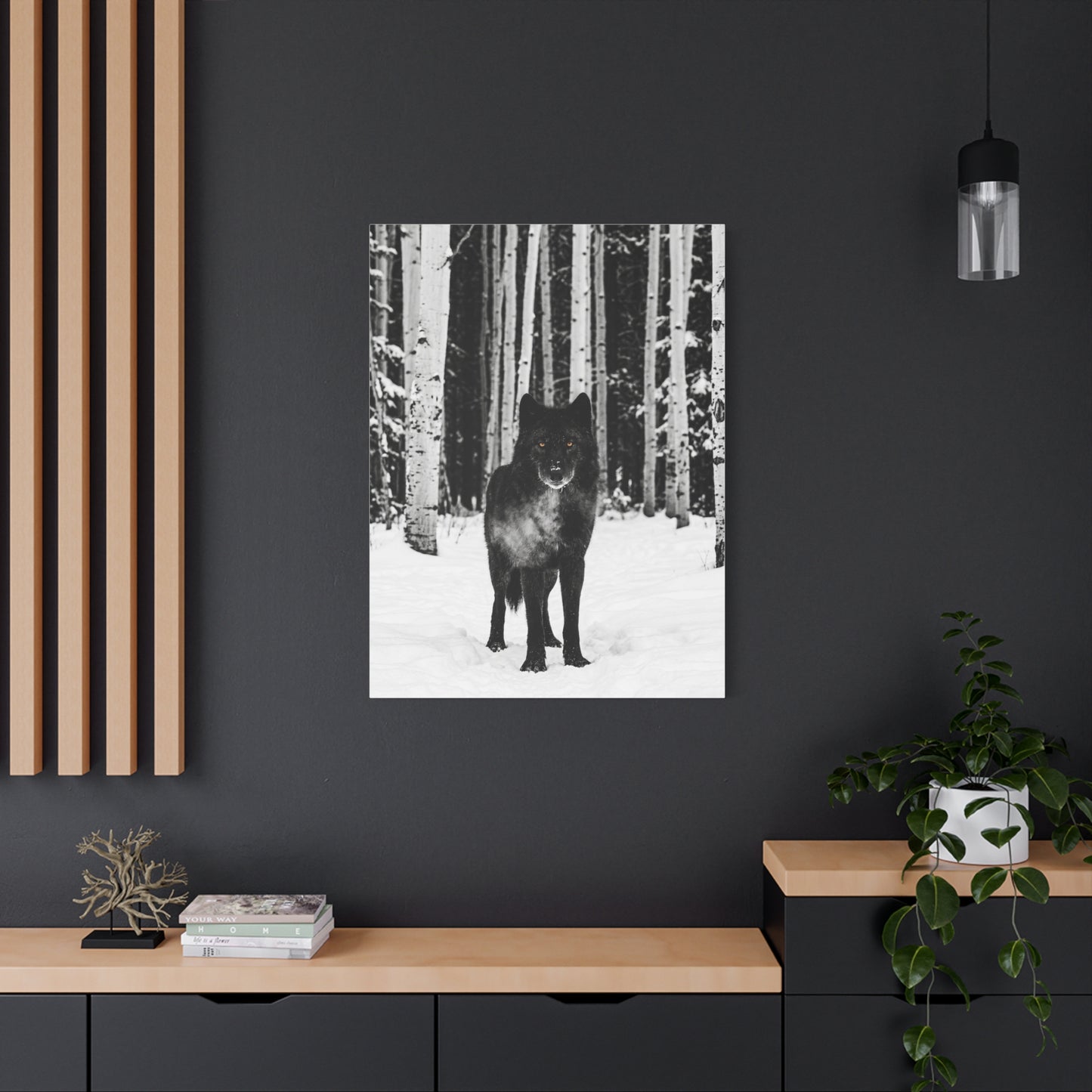 Snow Forest Black Wolf Minimal Scene Wall Art & Canvas Print
