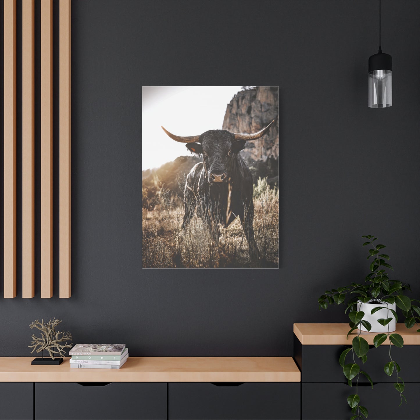 Mountain Cliff Bull Portrait Wall Art & Canvas Print