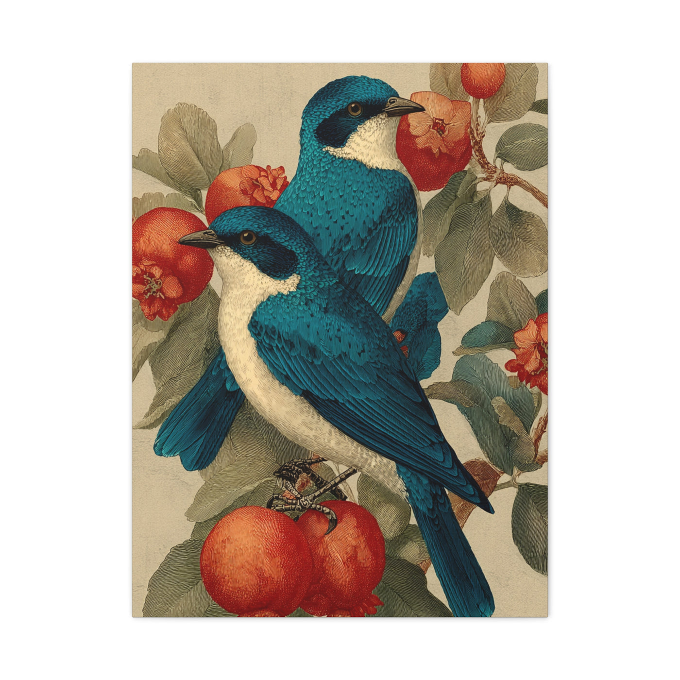 Blue Folk Birds Pomegranate Wall Art & Canvas Print