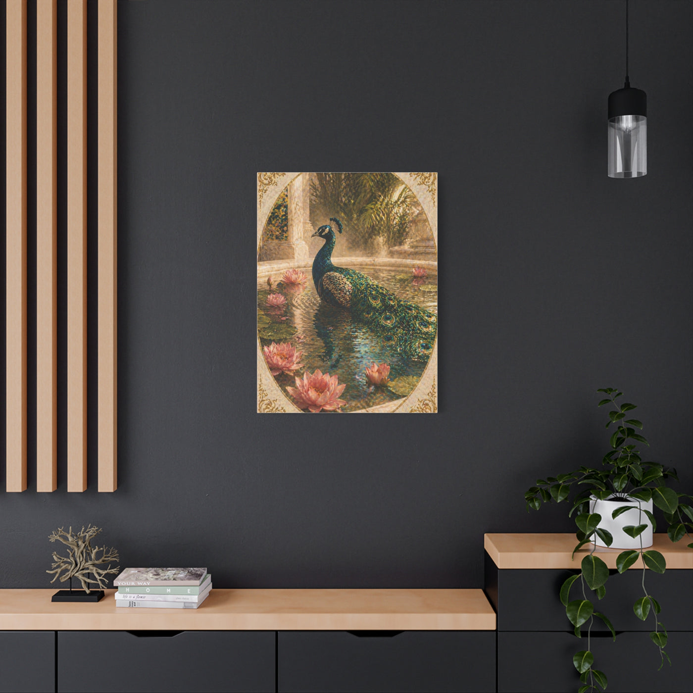 Lotus Pool Peacock Reflection Wall Art & Canvas Print