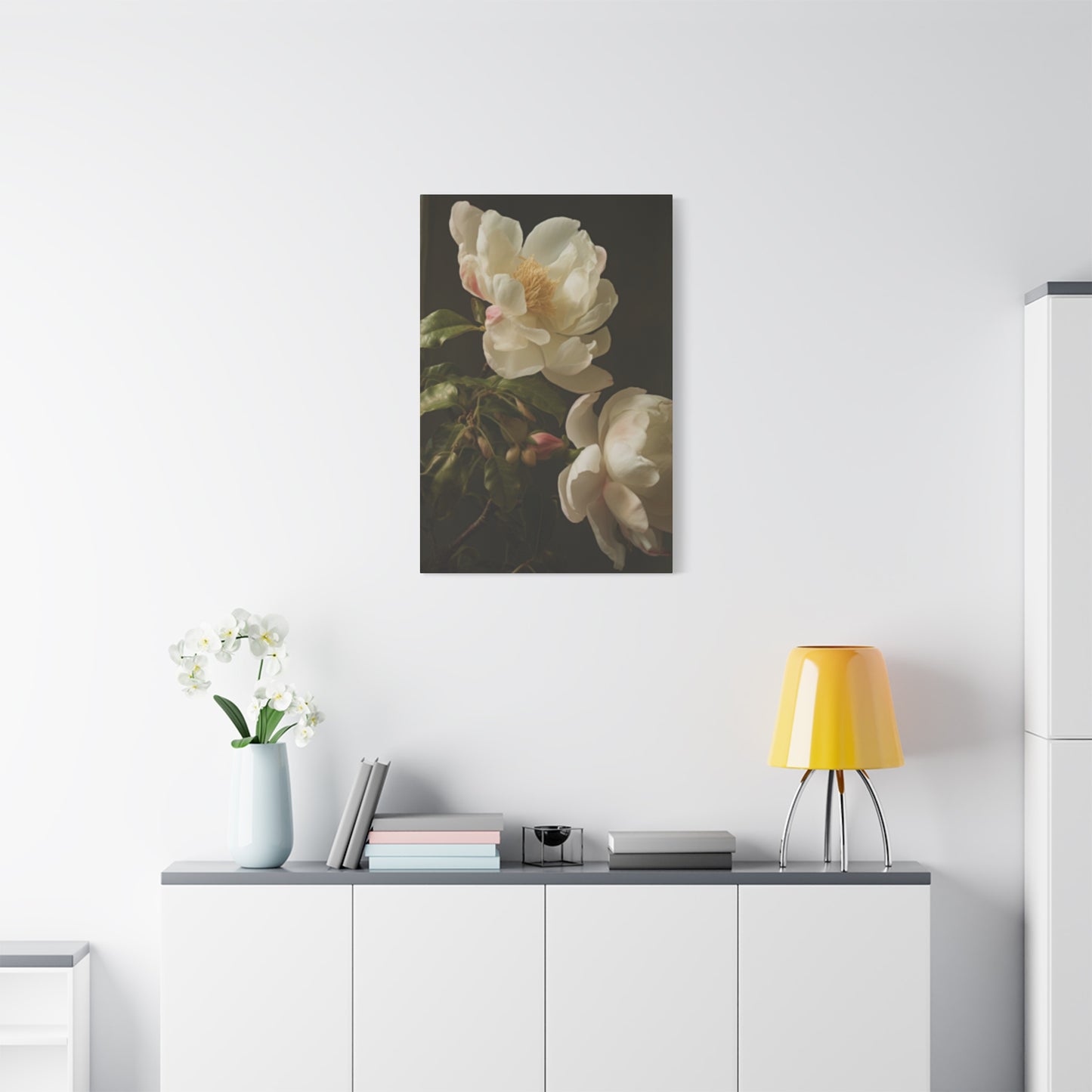 White on Black Background Magnolia Flower Wall Art & Canvas Prints