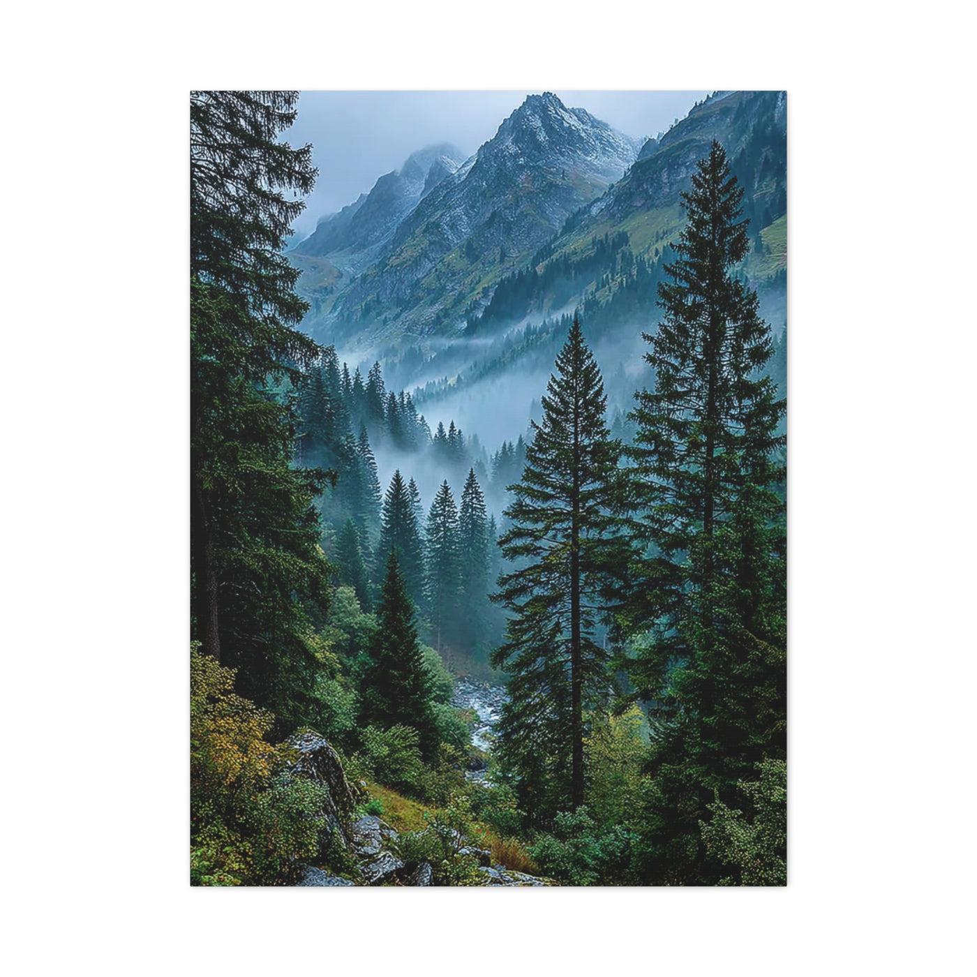 Misty Alpine Forest Valley Wall Art & Canvas Print