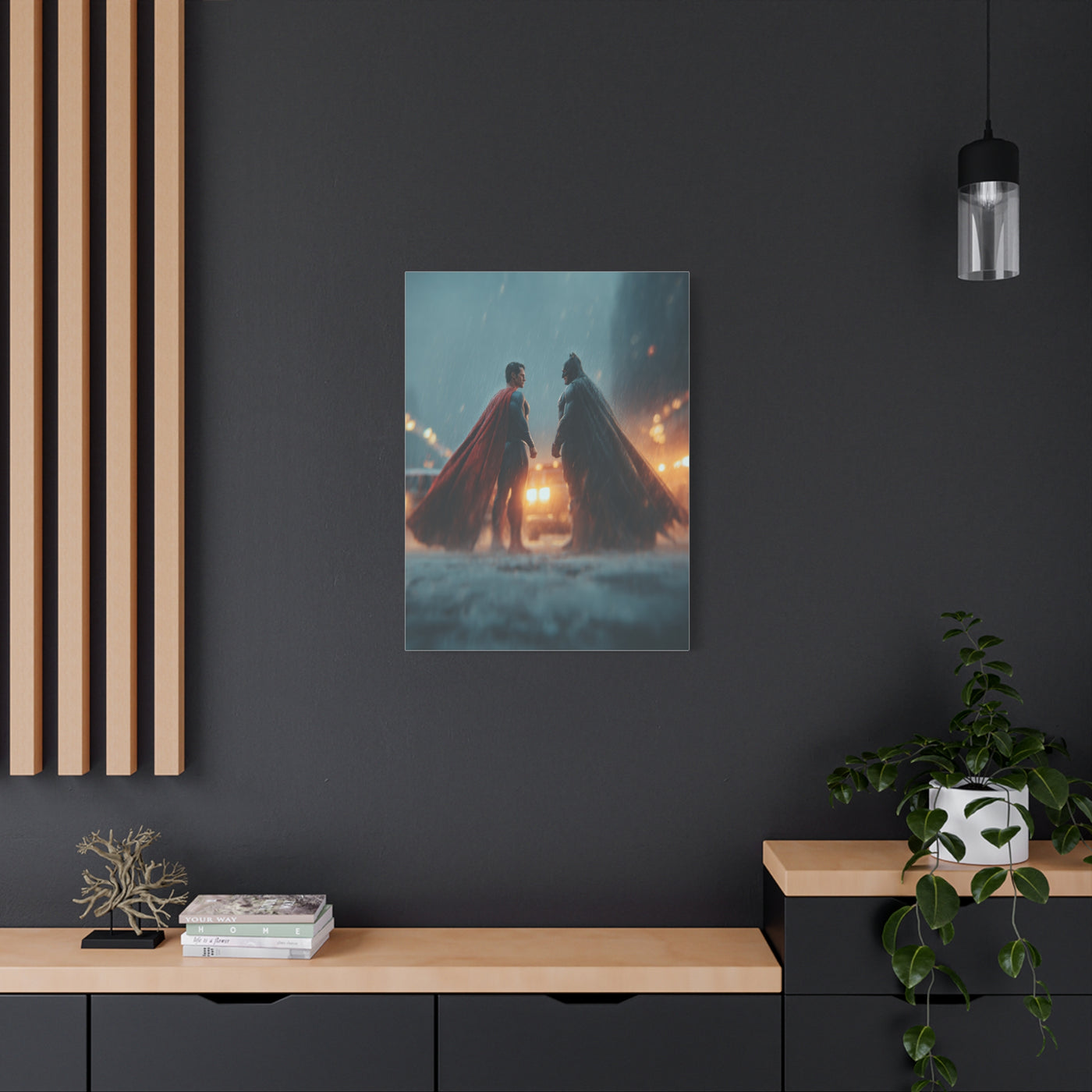 Batman vs Superman Rainy Gotham Clash Poster Wall Art & Canvas Print