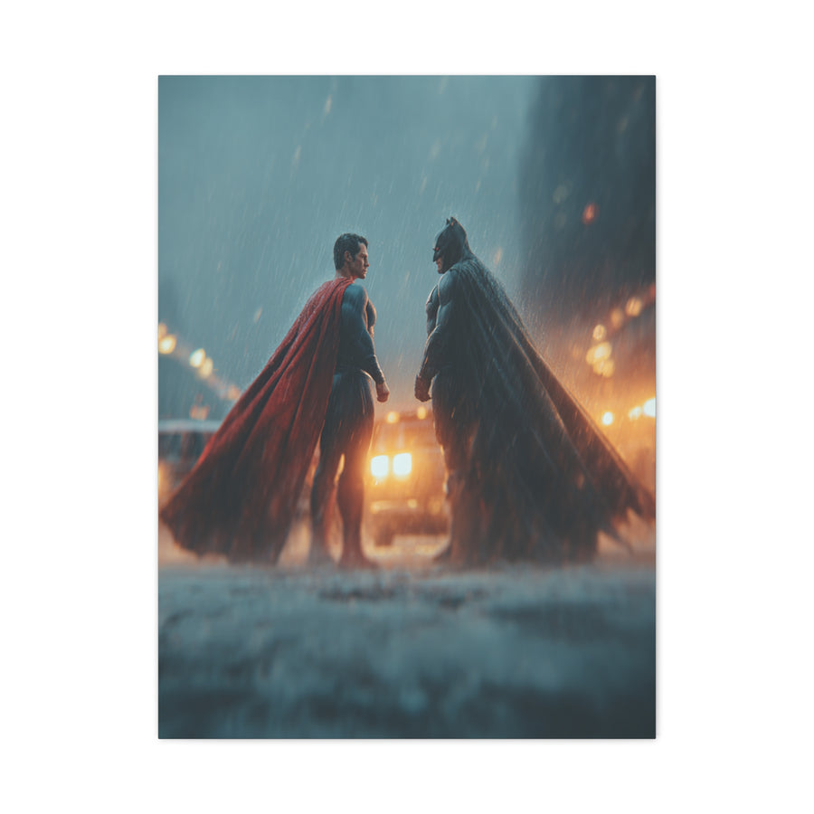 Batman vs Superman Rainy Gotham Clash Poster Wall Art & Canvas Print