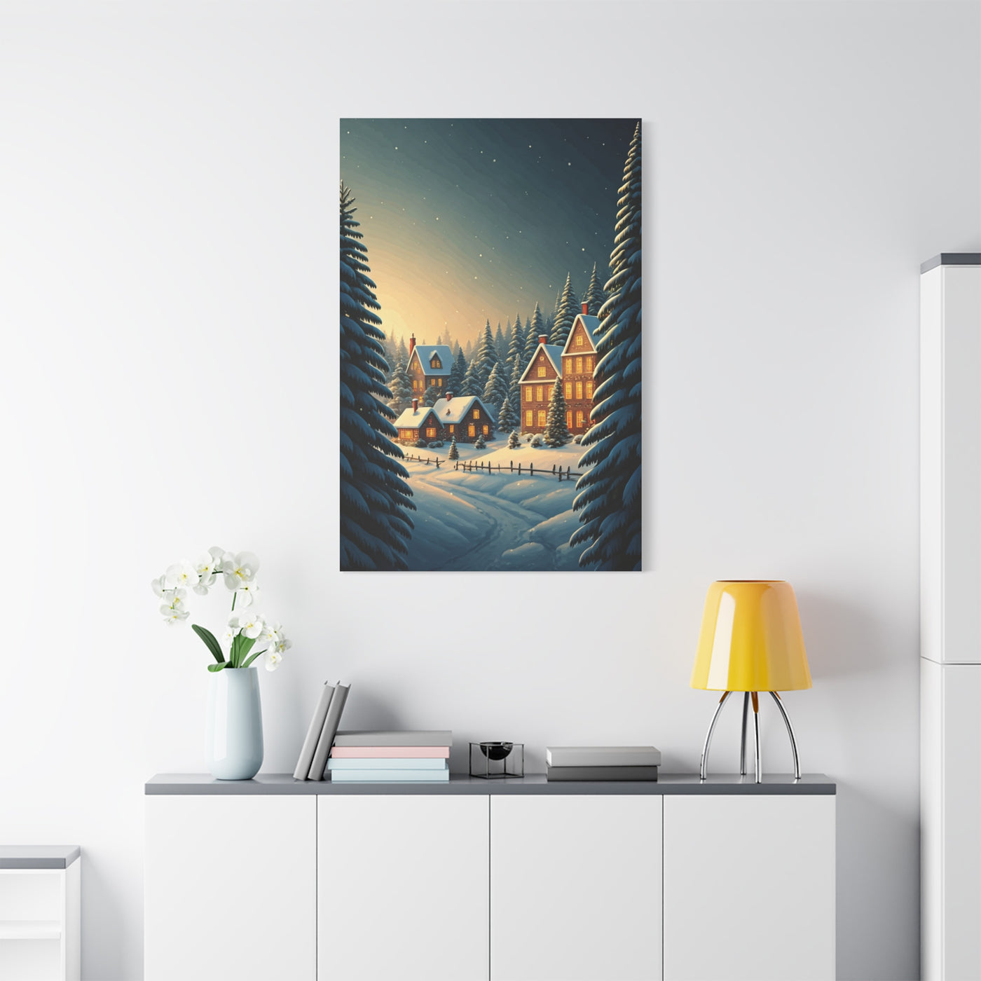Snowy Christmas Village Under Winter Stars Wall Art & Canvas Print