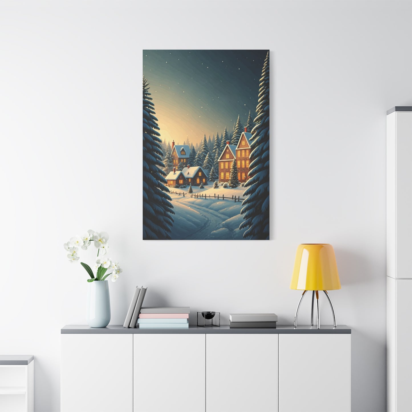 Snowy Christmas Village Under Winter Stars Wall Art & Canvas Print