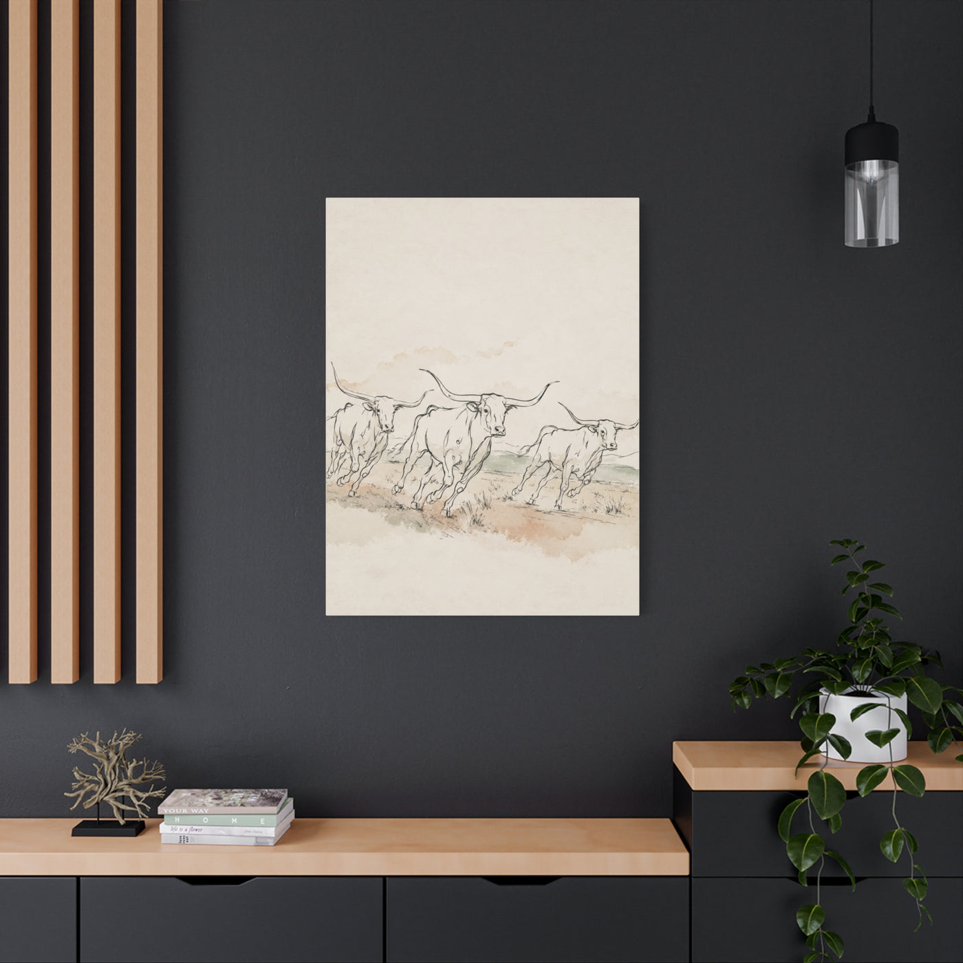 Running Longhorn Line Sketch Panorama Wall Art & Canvas Print