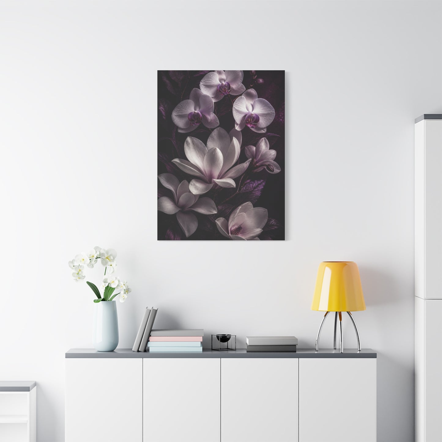 White Orchid and Magnolia Night Floral Wall Art & Canvas Print