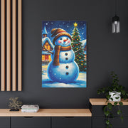 Artistic Snowman in Winter Village Scene Wall Art & Canvas Print