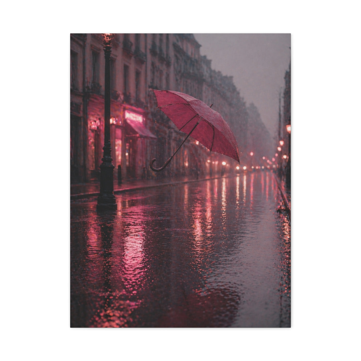Romantic Pink Rain Street Reflection Wall Art & Canvas Print