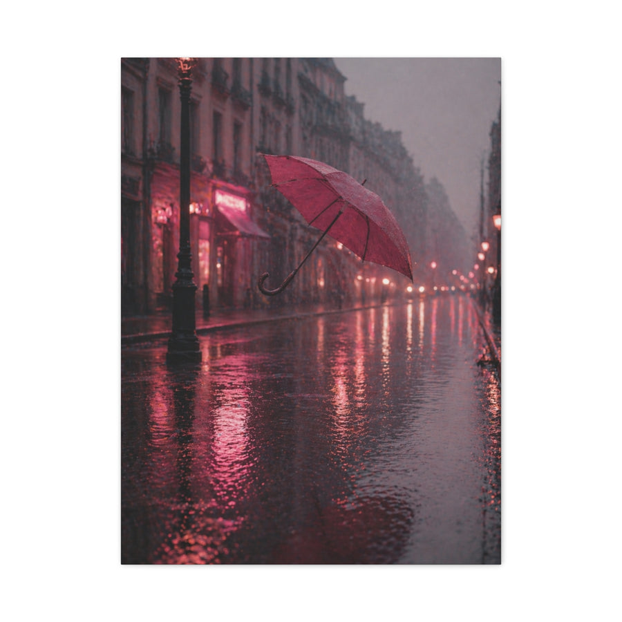 Romantic Pink Rain Street Reflection Wall Art & Canvas Print