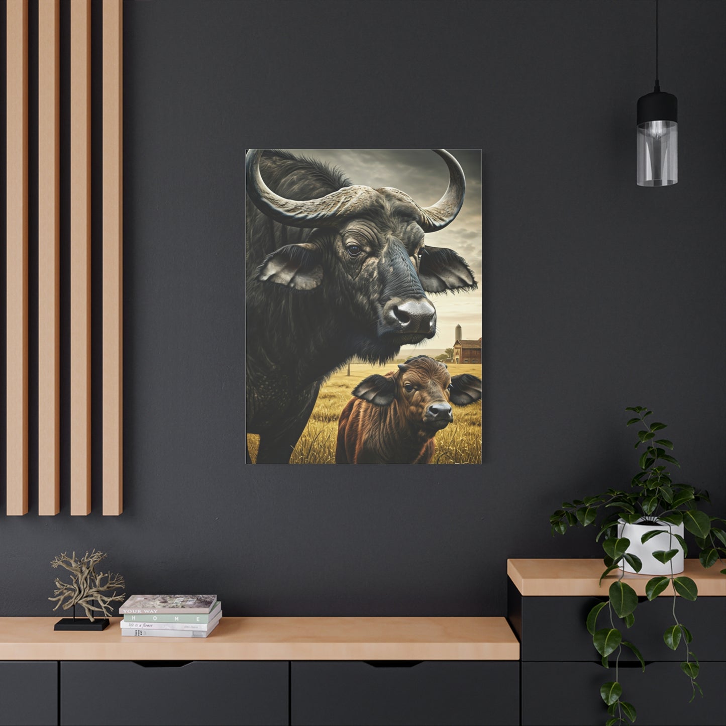 Cape Buffalo Herd Leader with Savannah Background Wall Art & Canvas Print