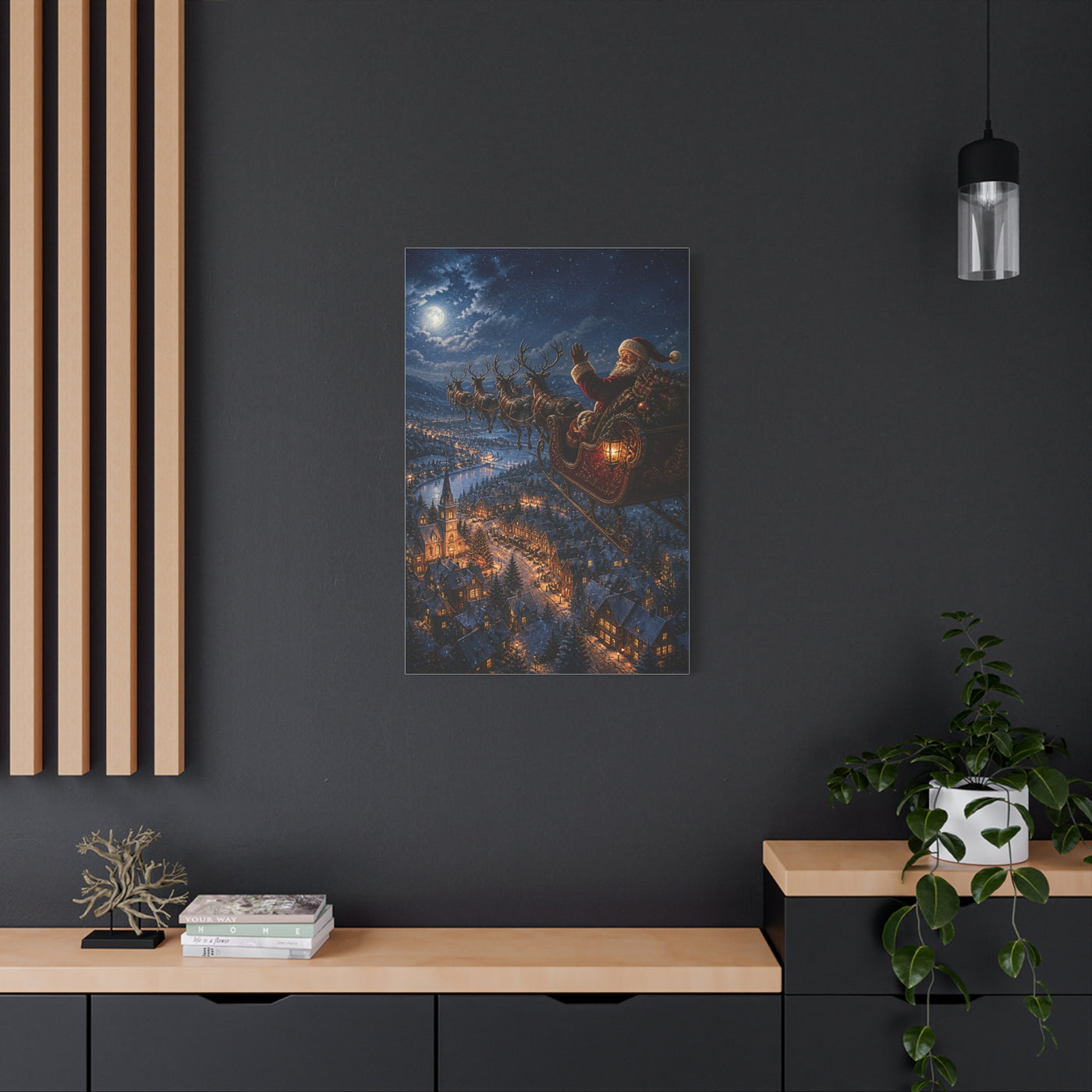 Santa Sleigh Flight Over Snowy Village Wall Art & Canvas Print