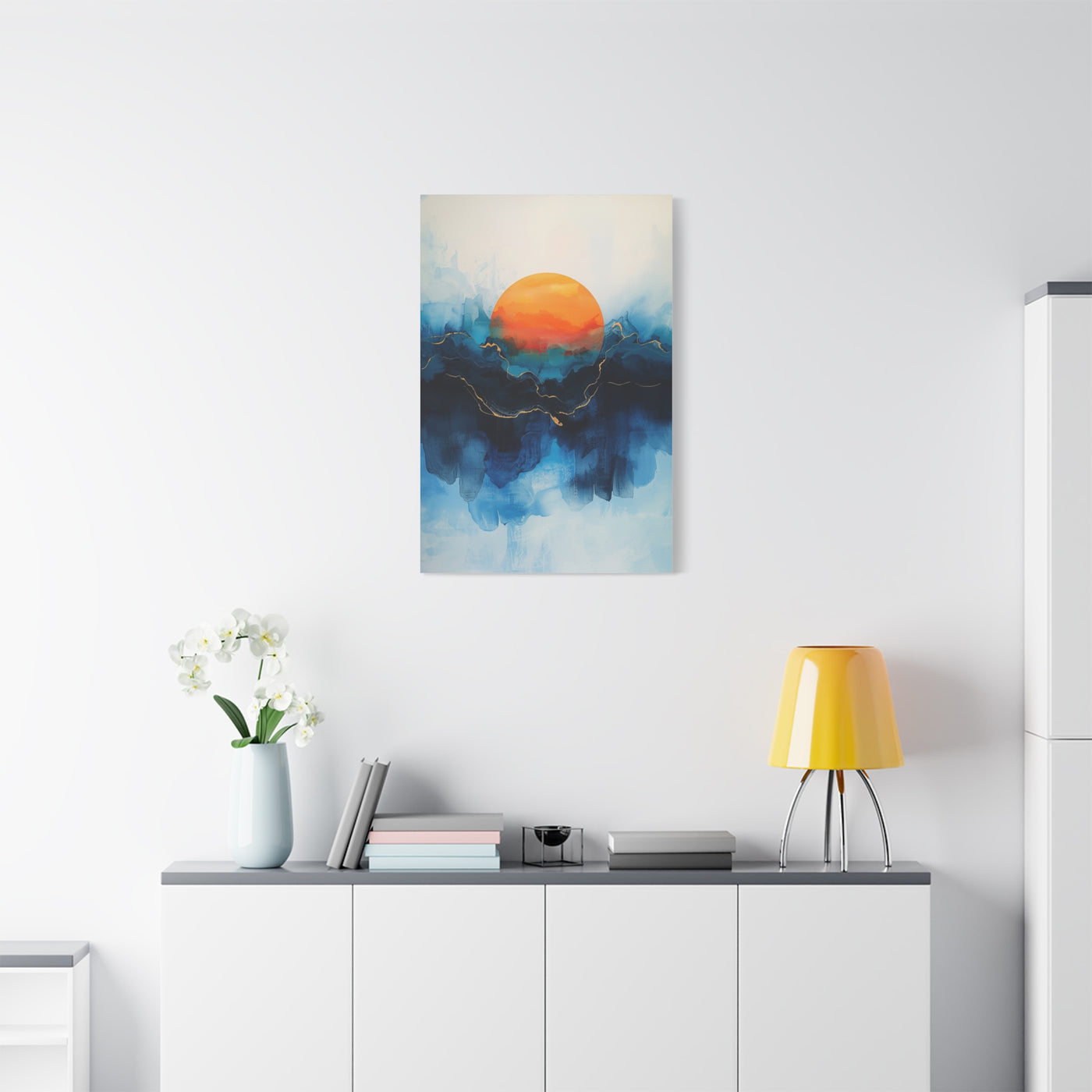 Orange Sun Over Indigo Waves Abstract Wall Art & Canvas Print
