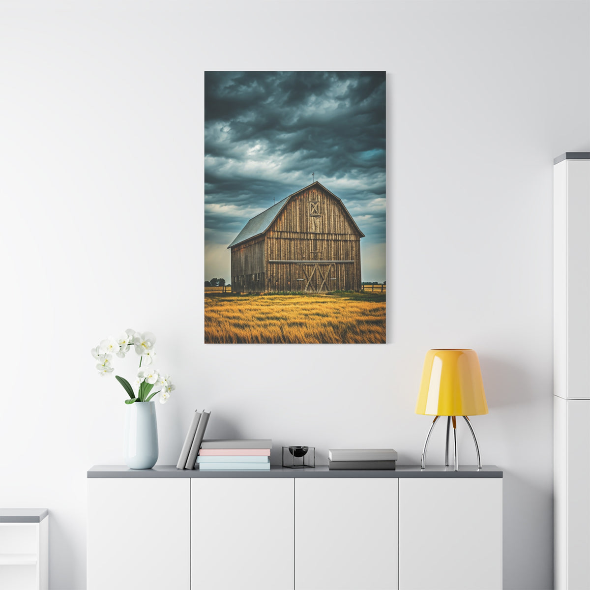 Classic Wooden Barn Beneath Rolling Clouds Wall Art & Canvas Prints