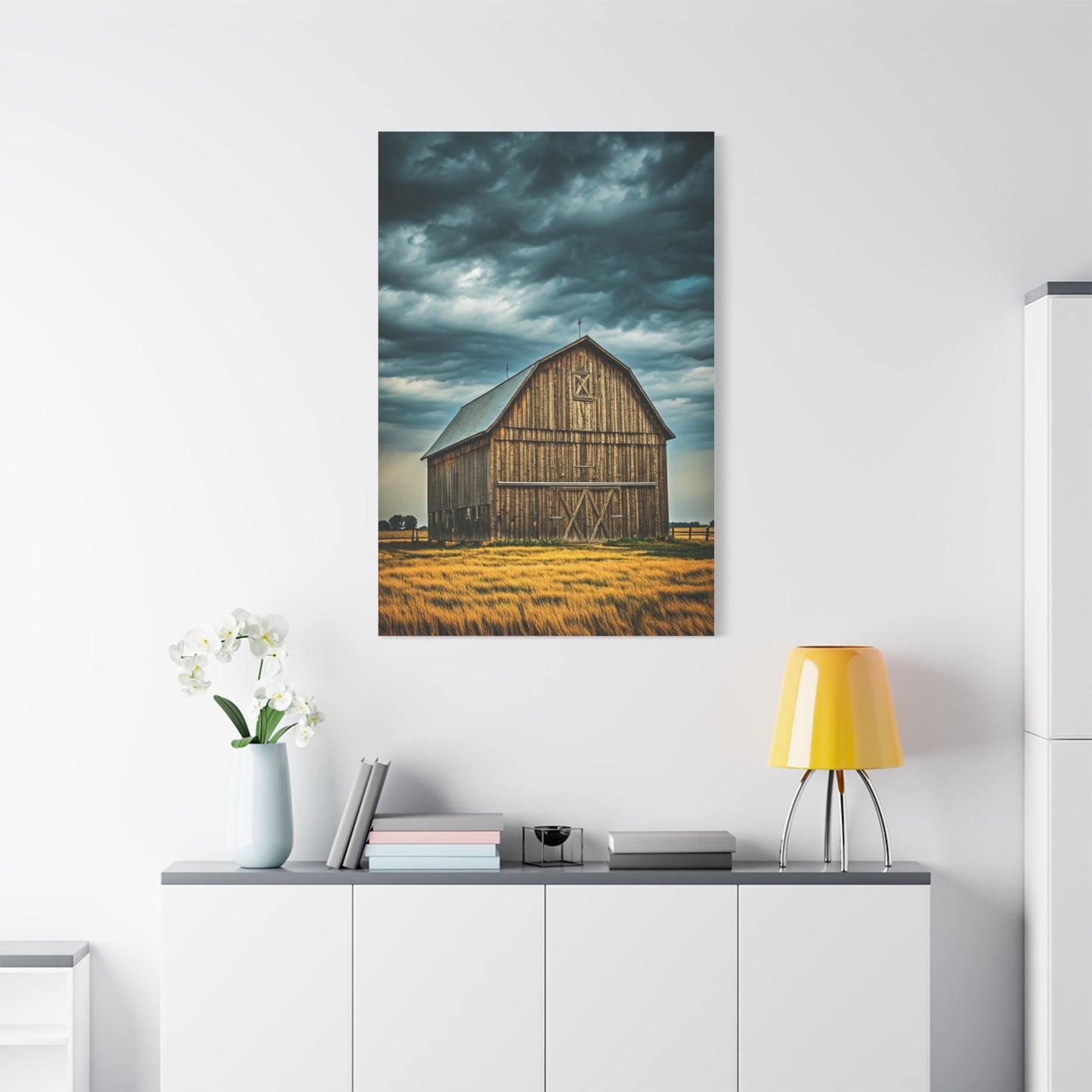 Classic Wooden Barn Beneath Rolling Clouds Wall Art & Canvas Prints