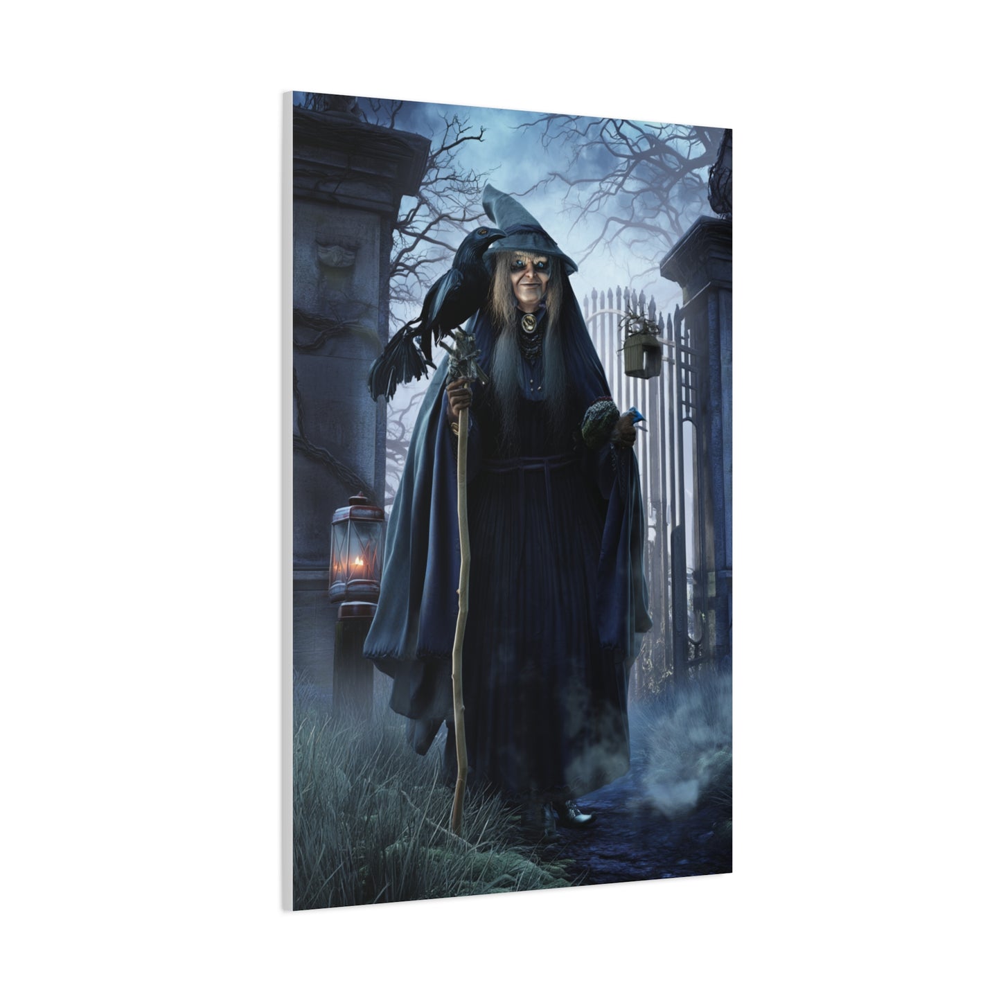 Witch with Raven at the Moonlit Cemetery Gate Wall Art & Canvas Print