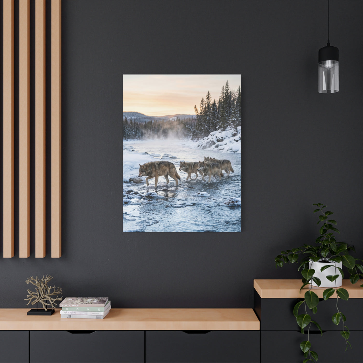 Winter River Wolf Pack Crossing Scene Wall Art & Canvas Print