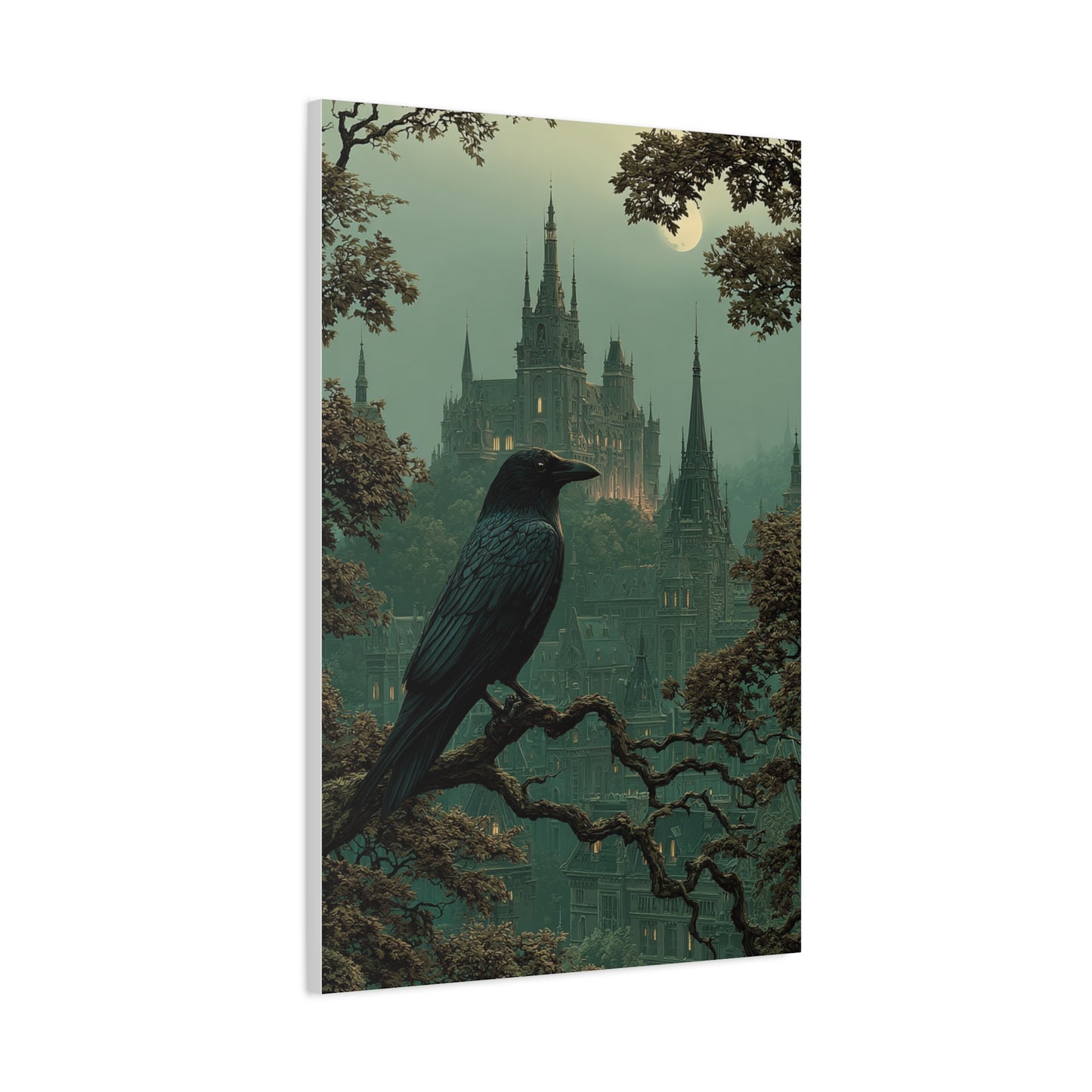 Raven Before Gothic Castle Wall Art & Canvas Print